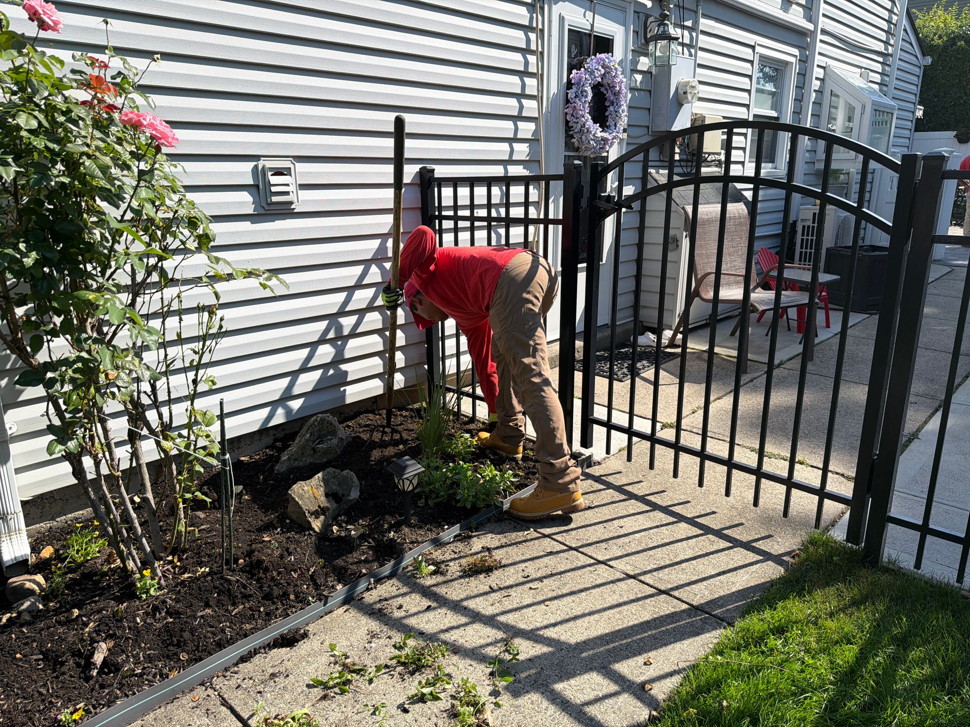 Person in red hoodie bending over a garden bed beside a white house and black fence.