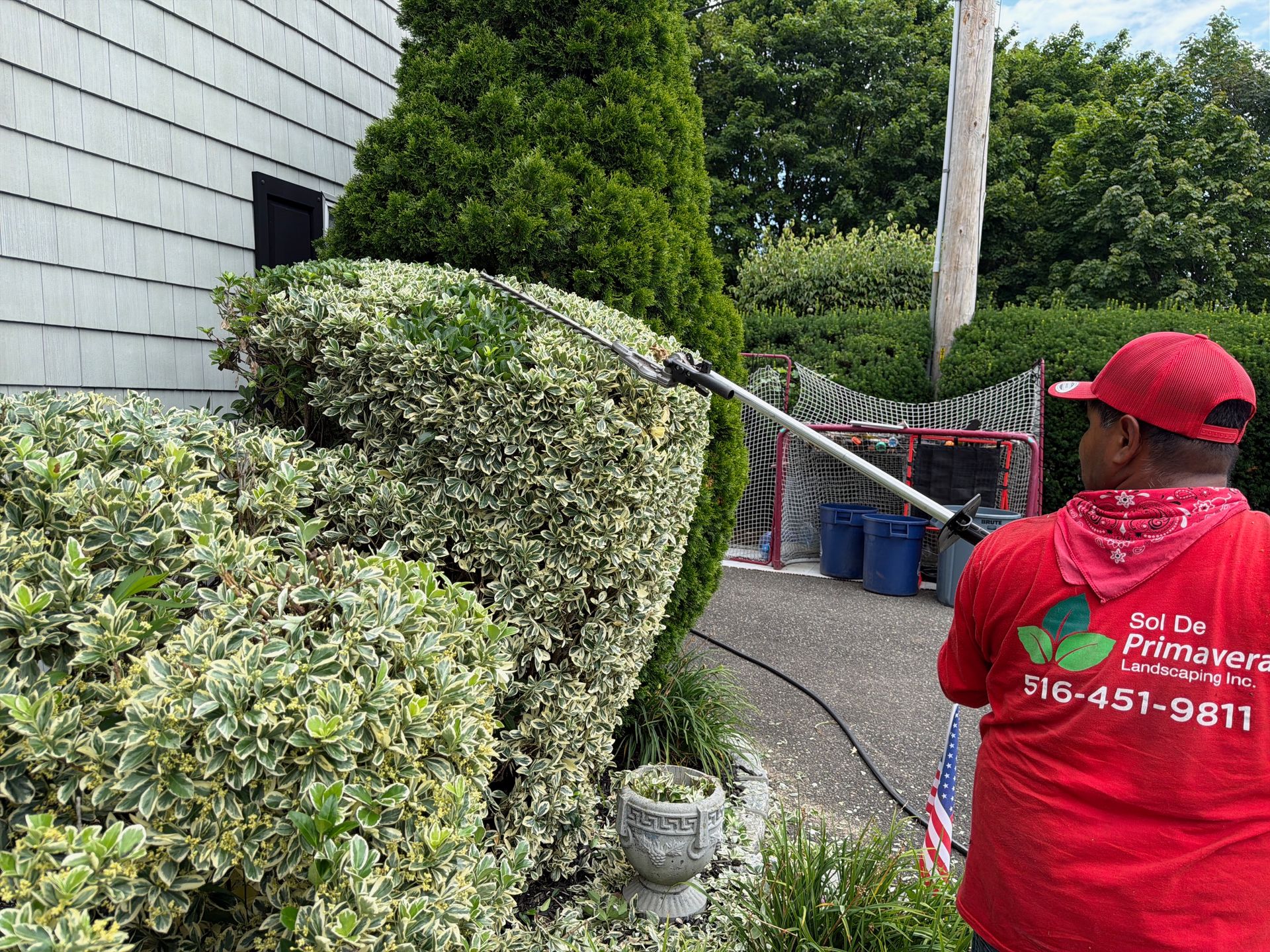 Worker in red shirt spraying shrubs beside a house with a hose.