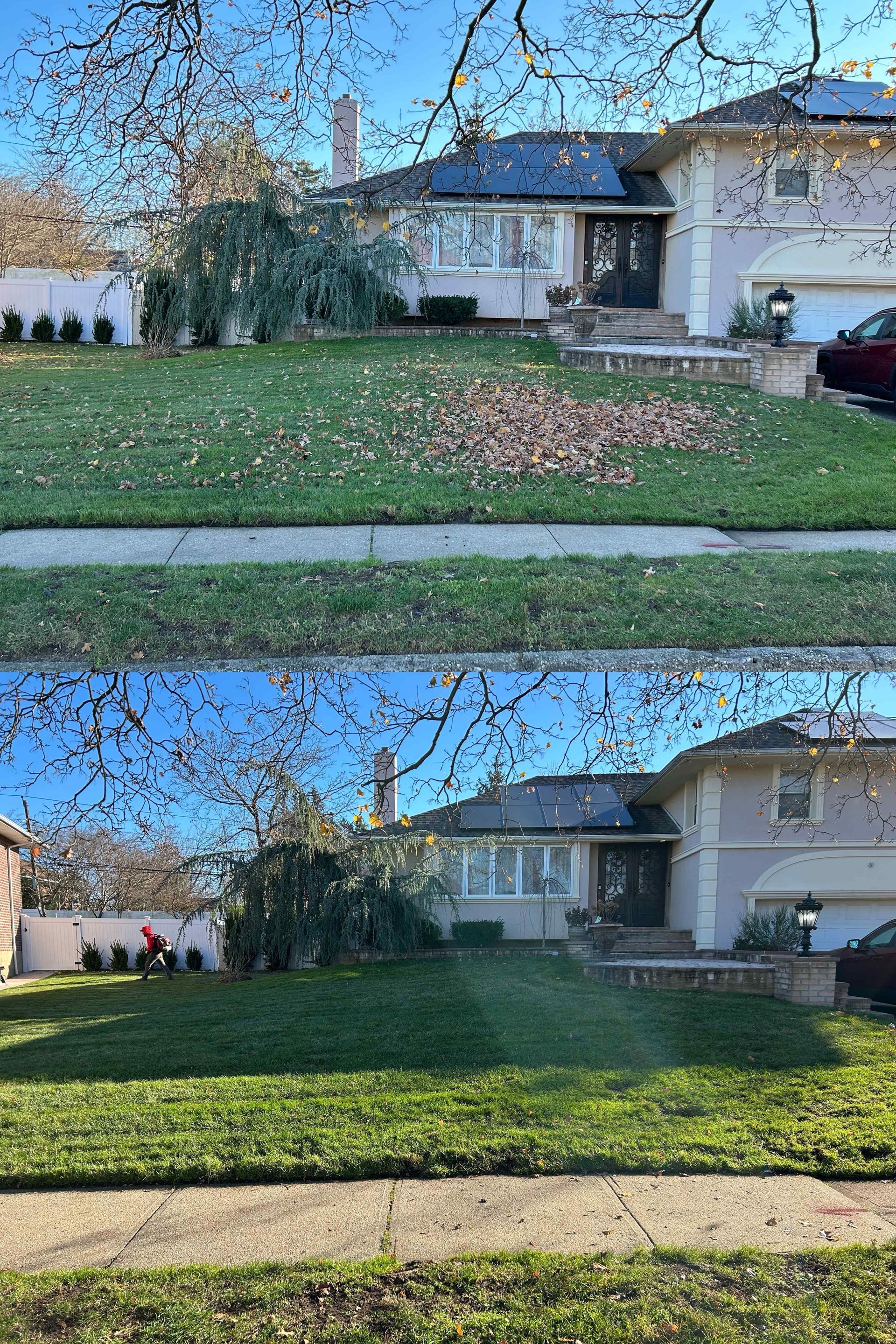 Two side-by-side views of a house front yard, with lawn, sidewalk, tree, and clear sky.