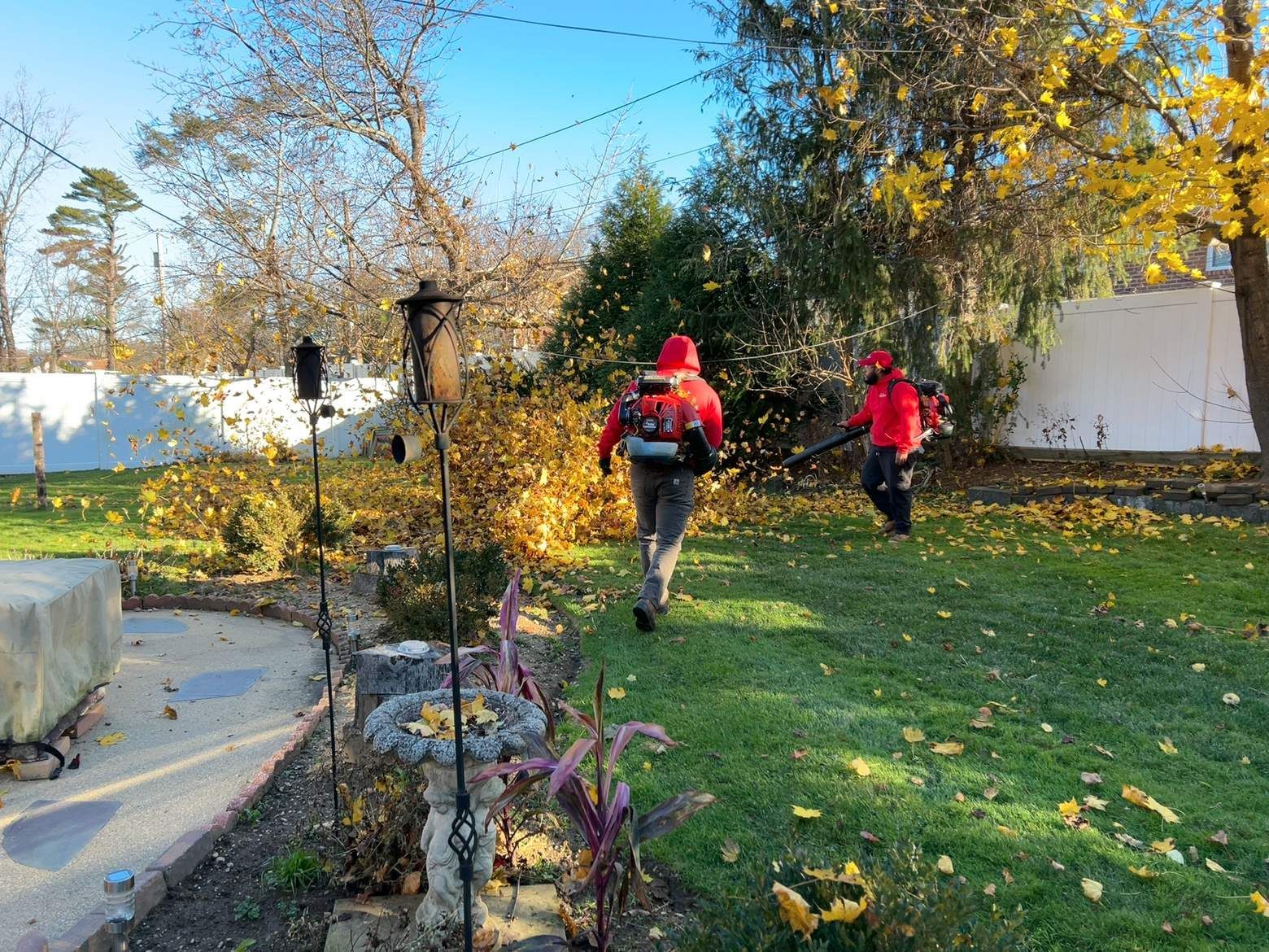 Two people in red jackets walking across a grassy yard with autumn trees and a white fence