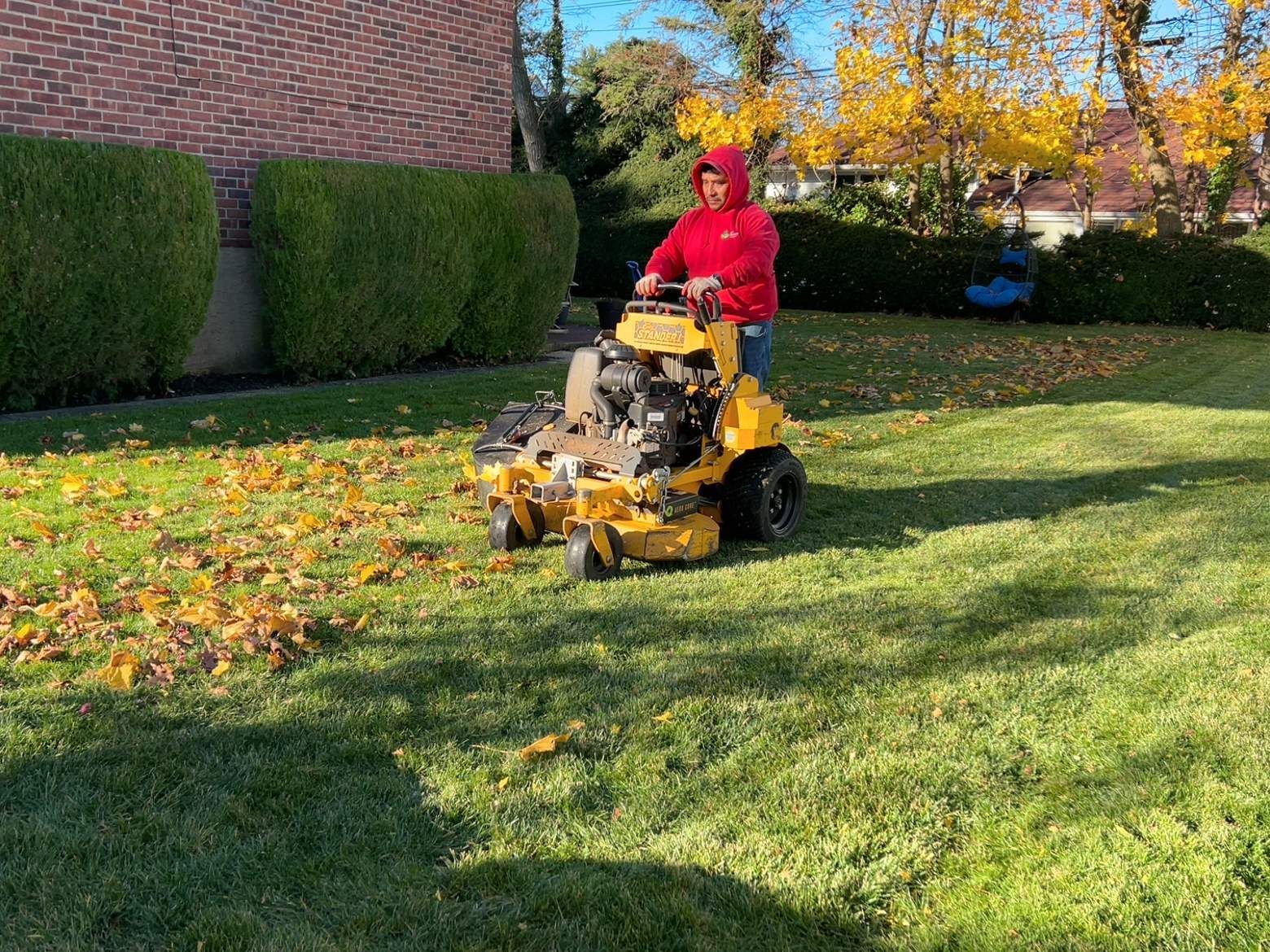 Person in a red shirt riding a yellow lawn mower across a sunny grassy yard.