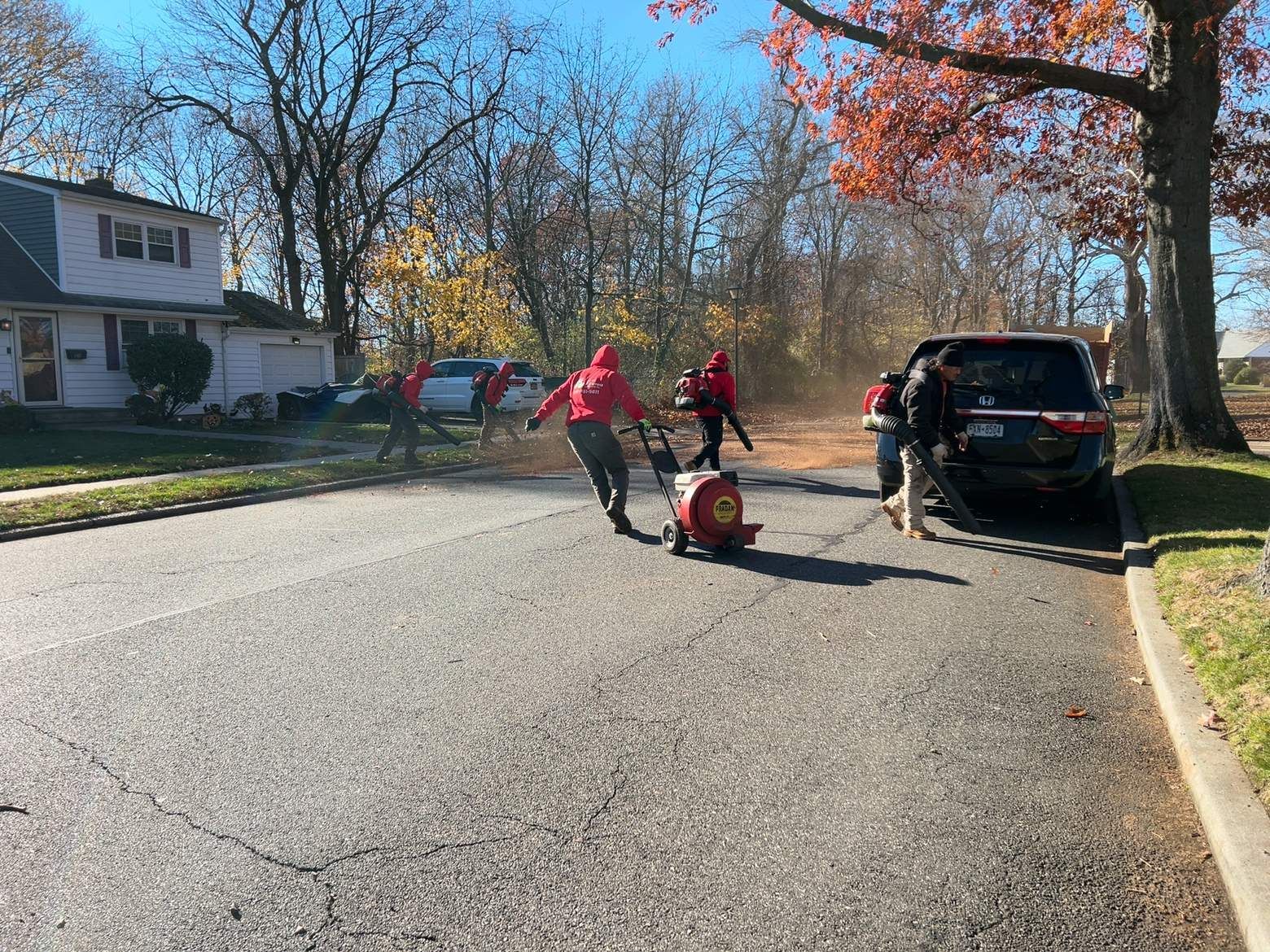 Two workers clearing leaves on a sunny suburban street beside parked cars and houses