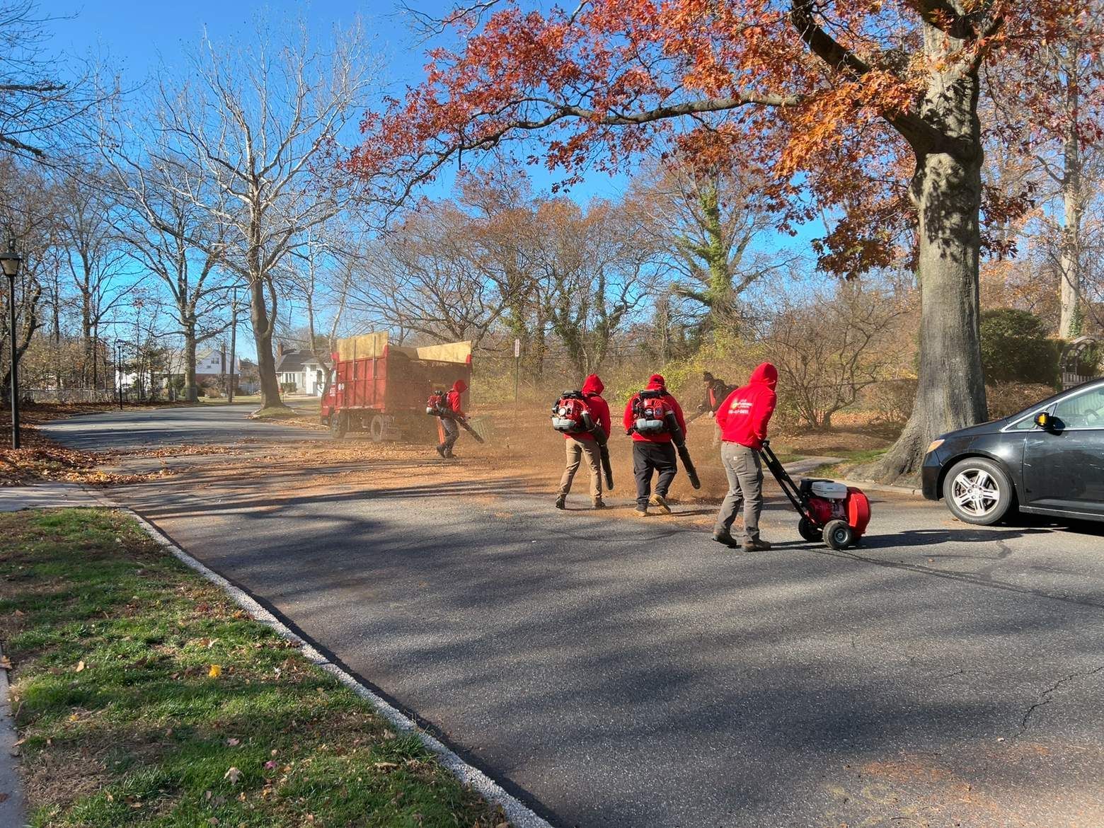 People in red jackets walking dogs on a leaf-strewn road beside parked cars and autumn trees