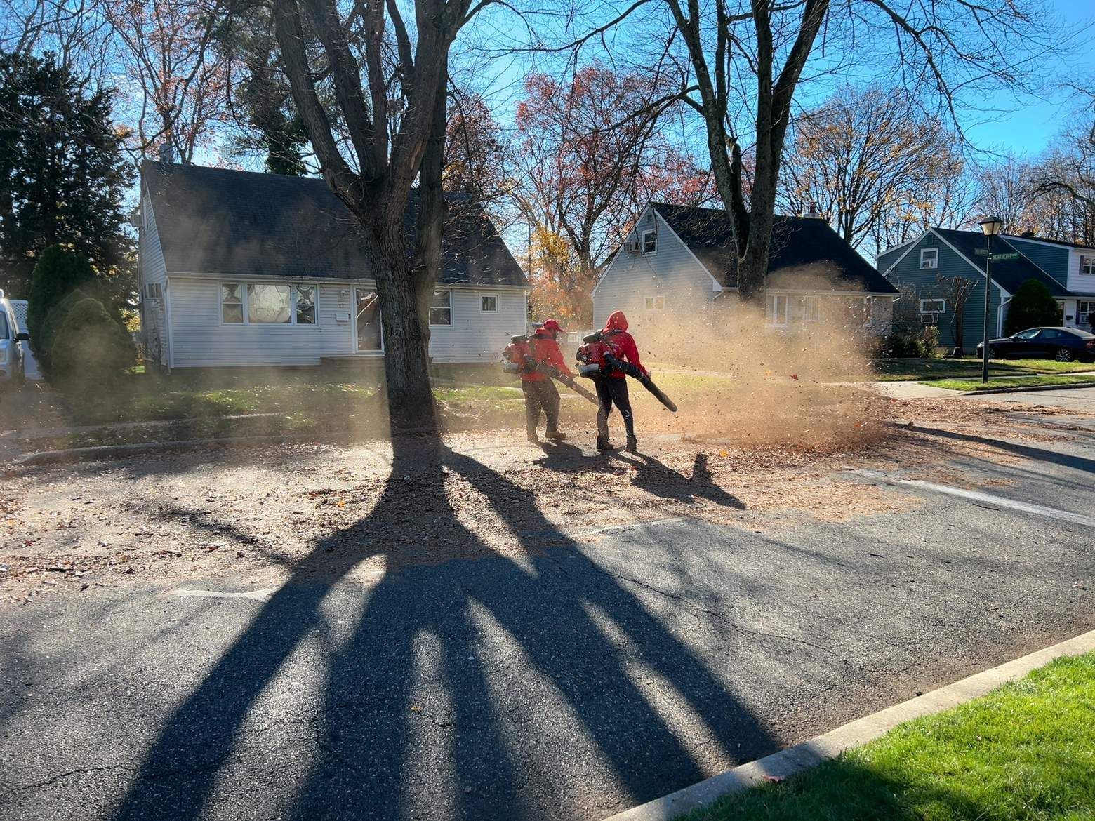 Two people using leaf blowers on a sunny suburban street, blowing dust and leaves across the road.