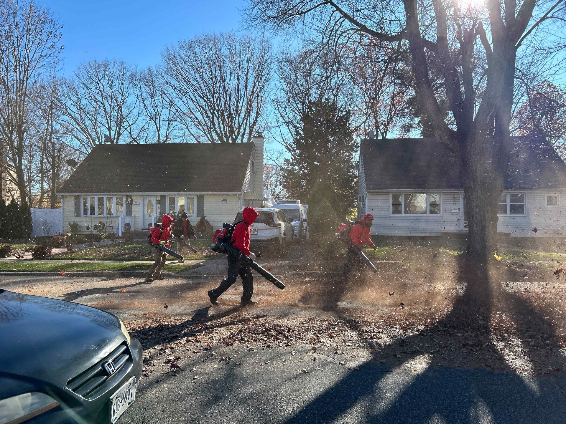 Workers in red jackets clearing leaves along a street beside houses on a sunny day