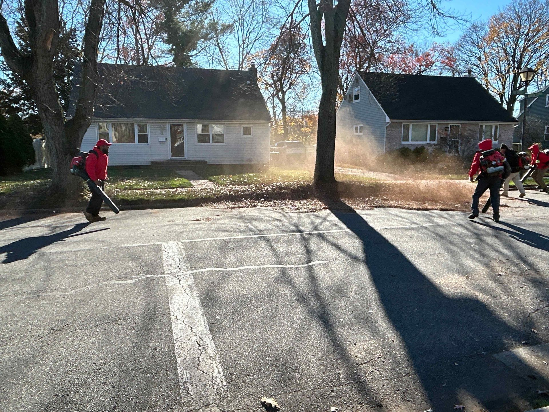 Two people in red jackets stand on a sunlit street between houses, near a large tree casting shadows.