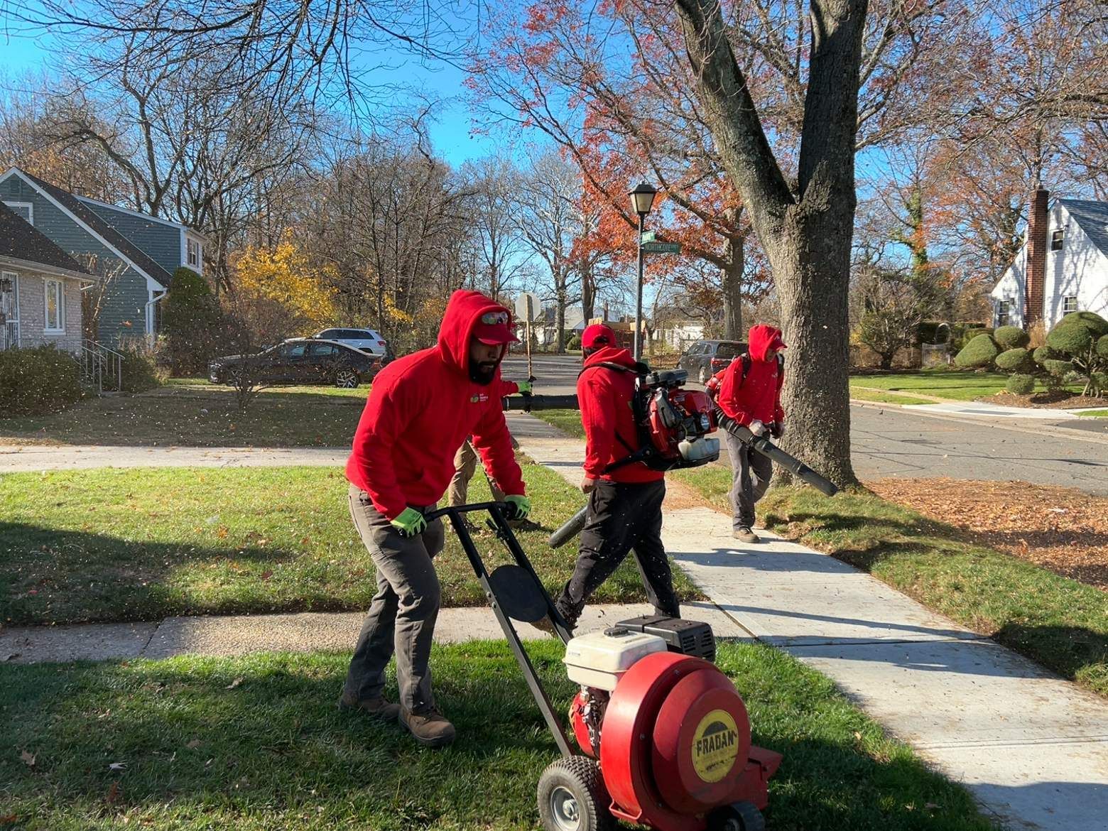 People in red hoodies use a red lawn aerator on a sunny suburban sidewalk and lawn.
