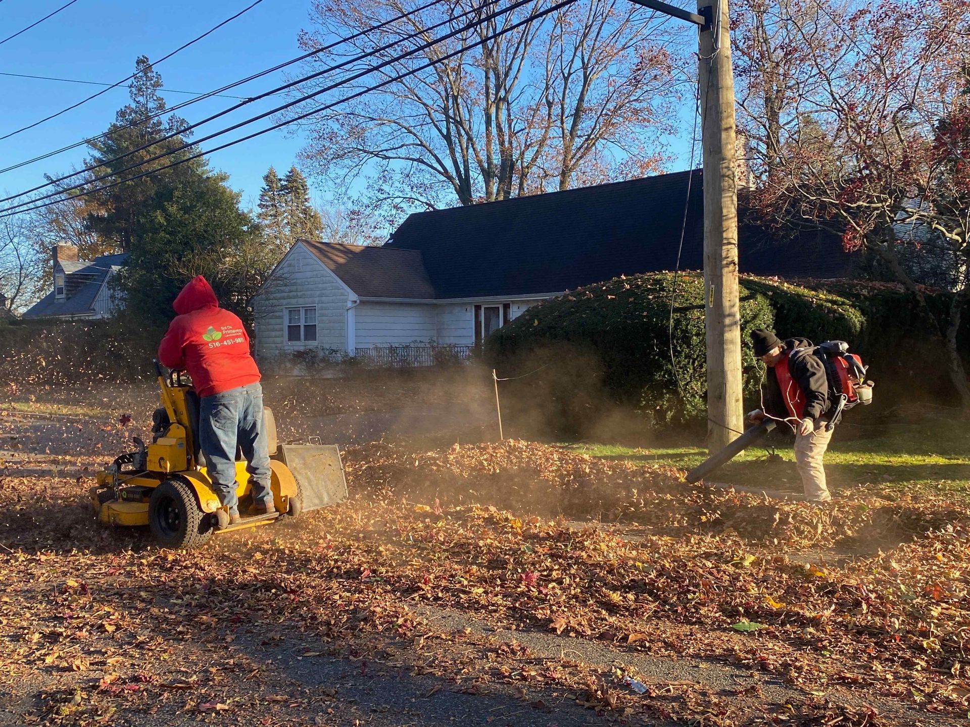 Person using a leaf blower in a yard with fall leaves, another person standing nearby, houses in background