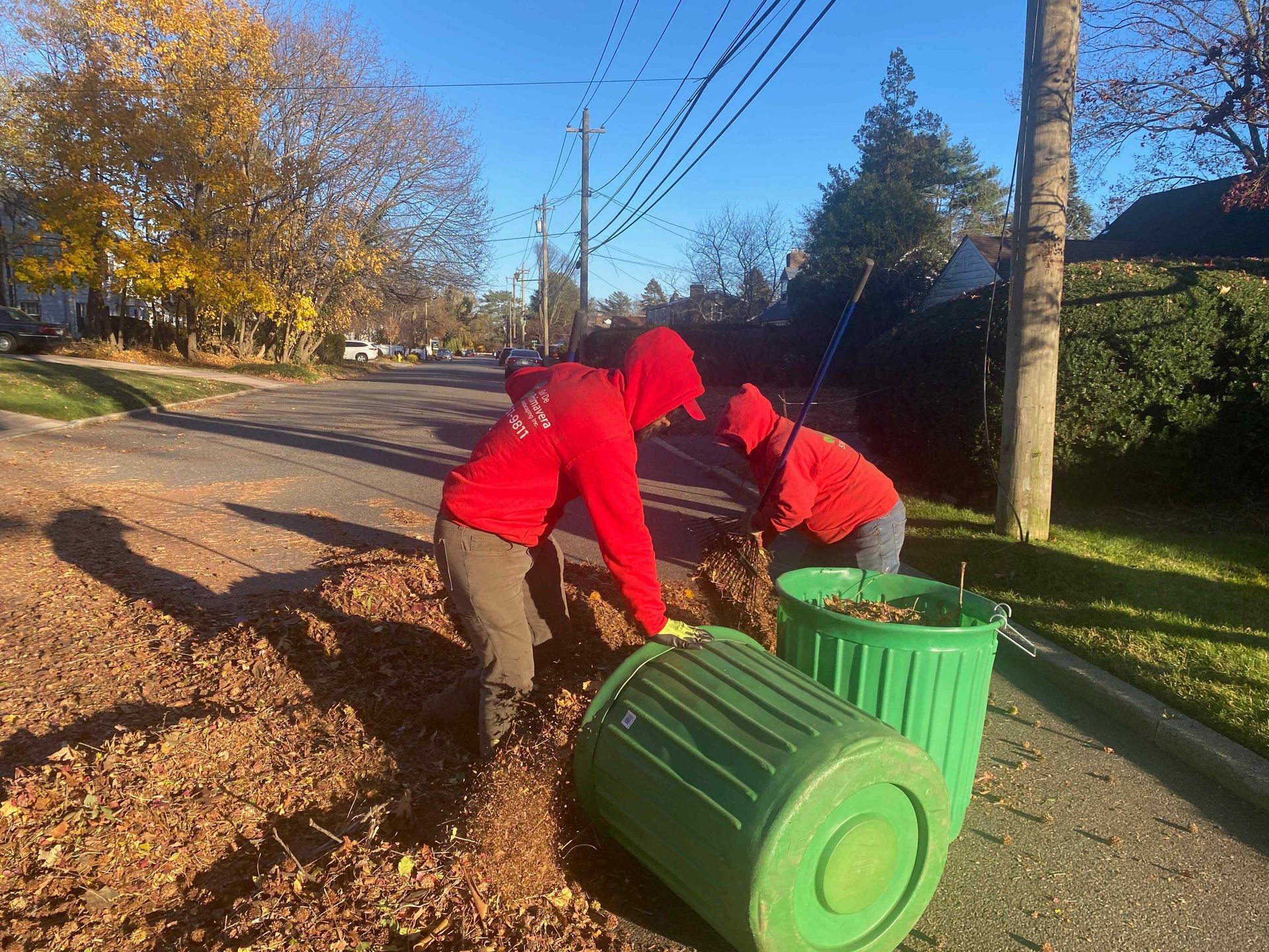 Two people in red shirts empty leaves from green bins onto a roadside curb.