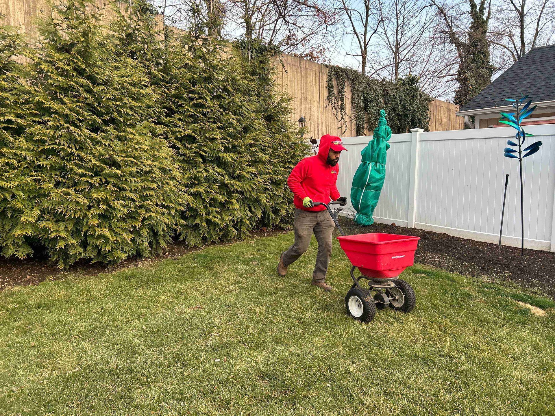 Person in red pushes a red wagon with a small Statue of Liberty figure across a backyard lawn.