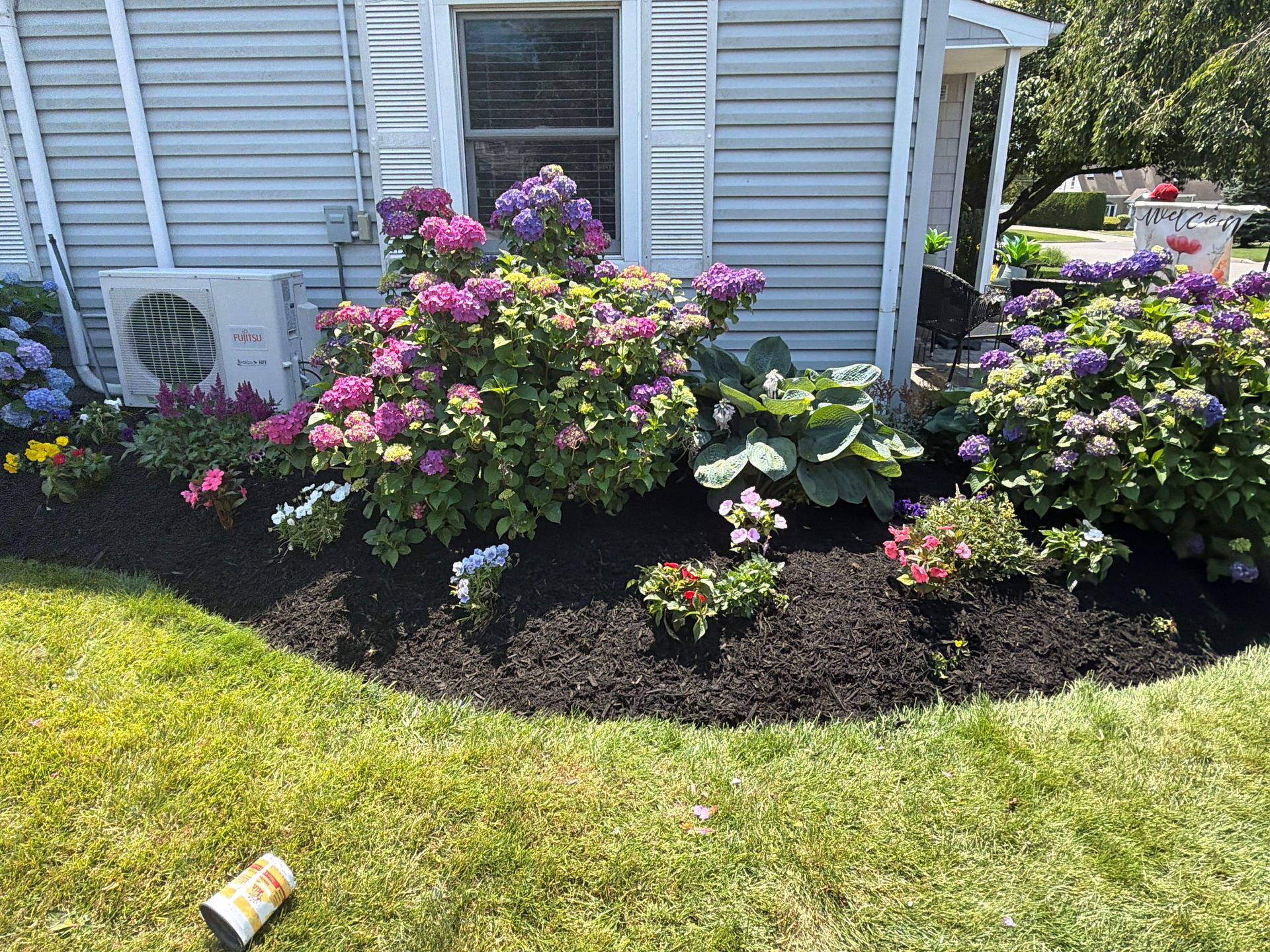 Front yard flower beds with blooming pink and purple hydrangeas beside a house