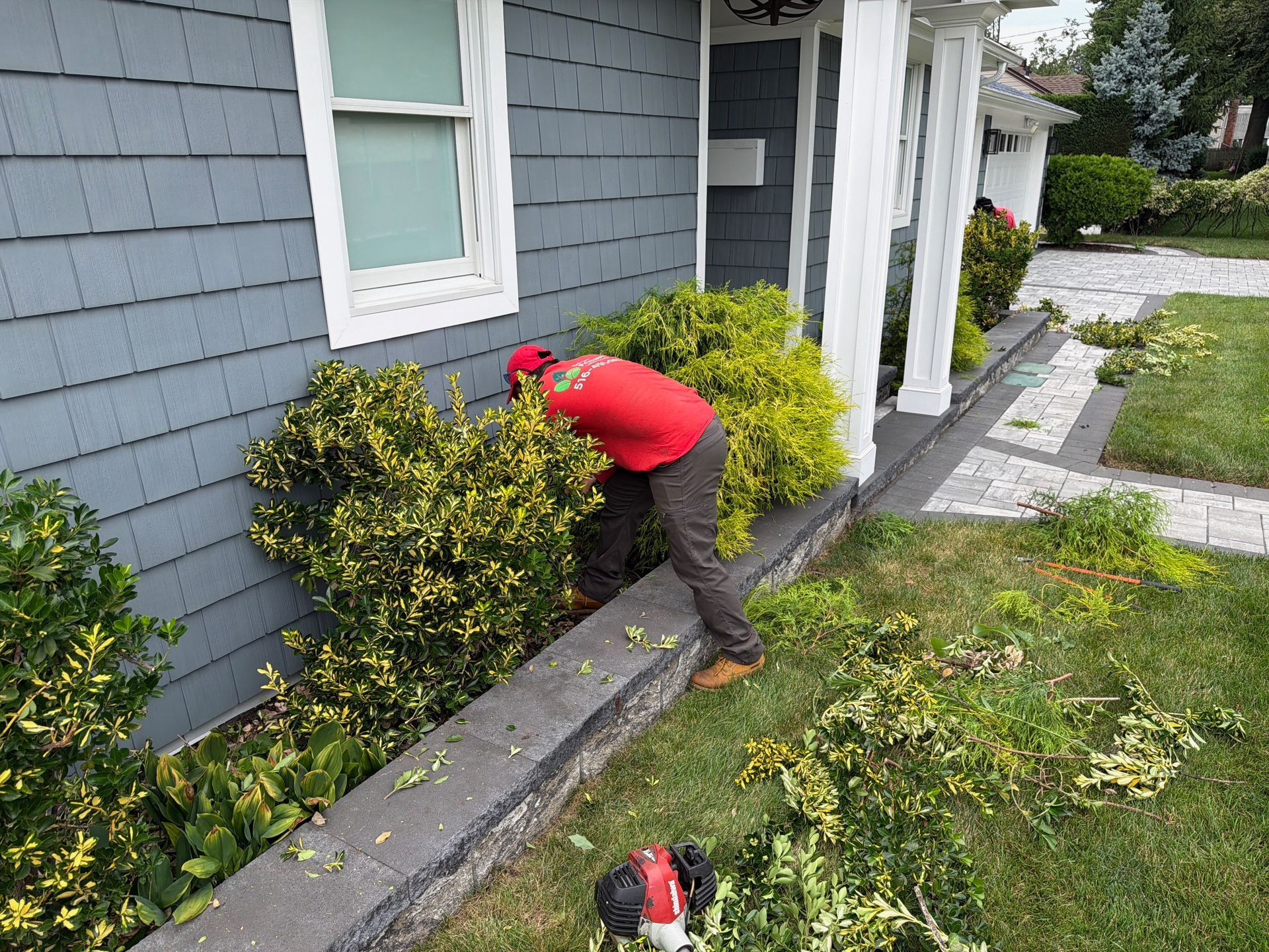 Person in red shirt trimming bushes beside a blue house with a hedge trimmer