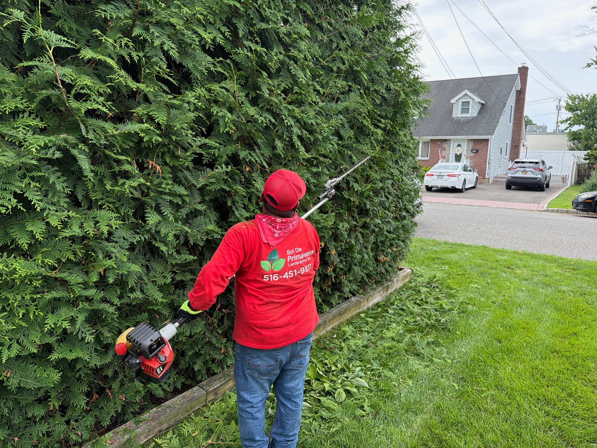 Person in red shirt trimming a tall hedge with a gas trimmer beside a suburban house