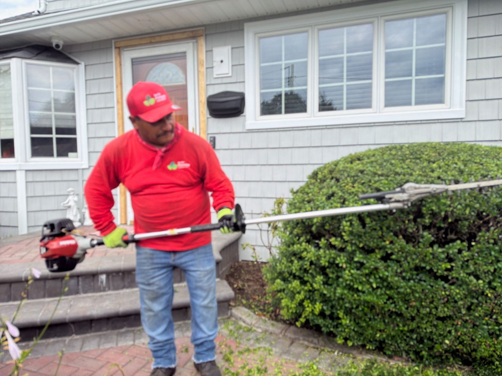 Person in red shirt using a string trimmer beside a neatly trimmed hedge outside a house