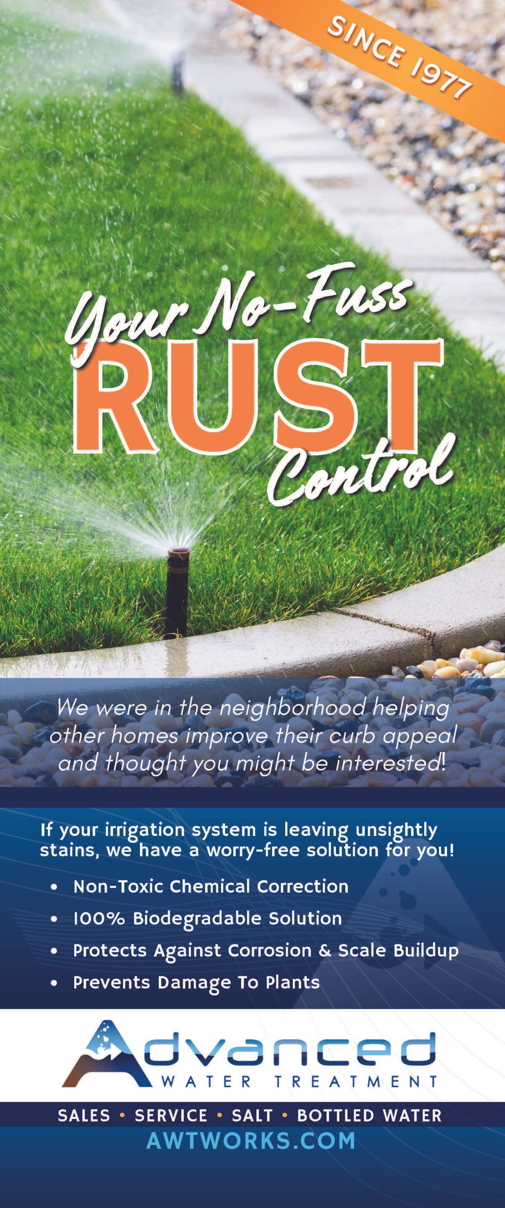 A brochure for advanced water treatment shows a lawn with a sprinkler on it.