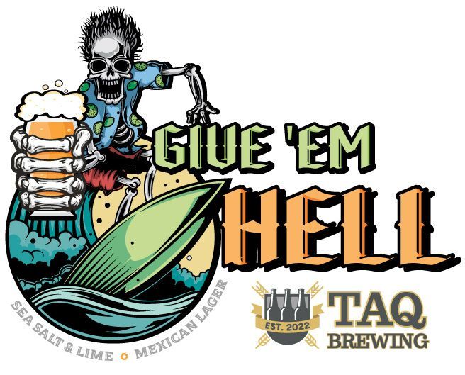 A logo for taq brewing with a skeleton on a surfboard
