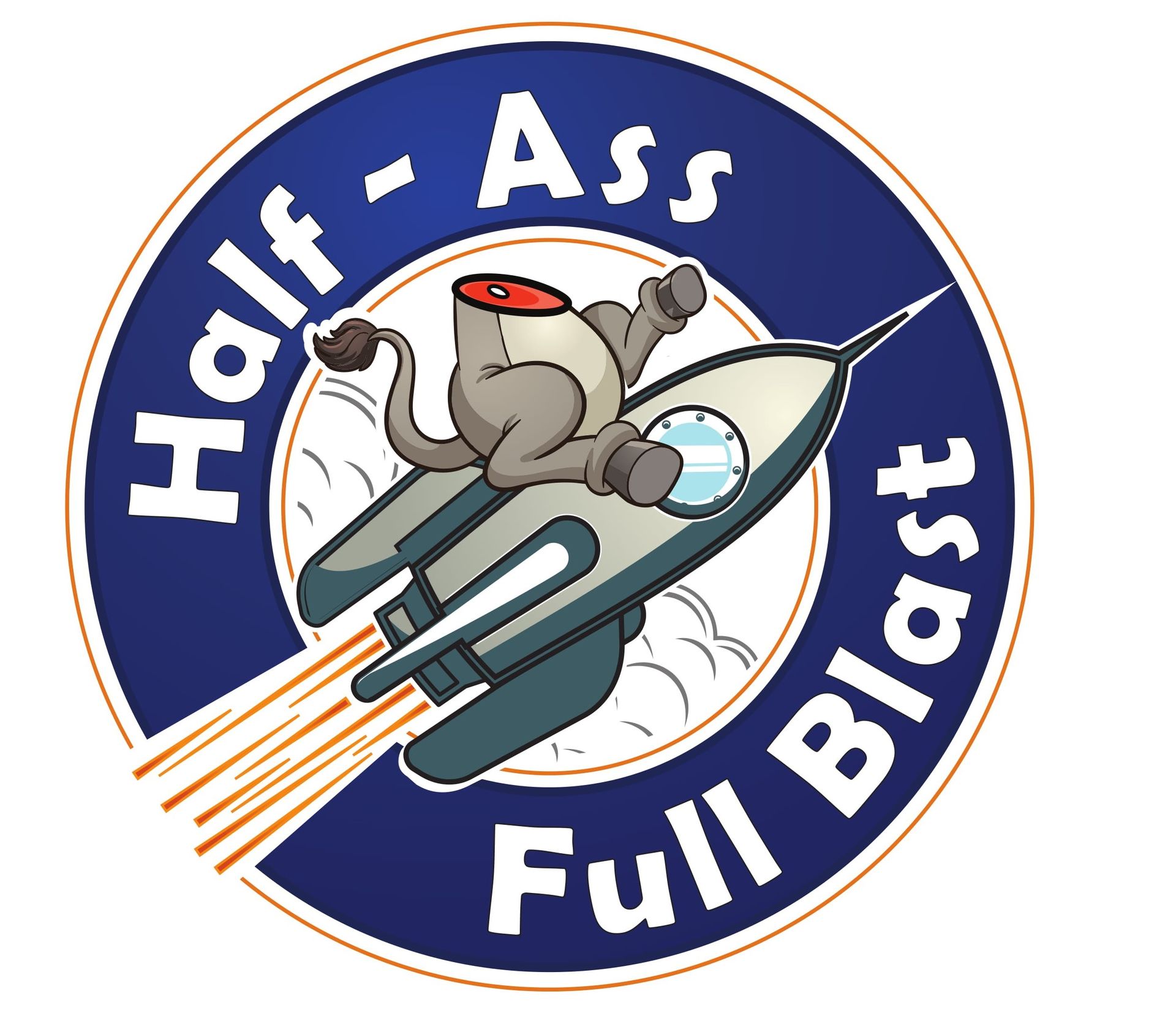 Cartoon of a headless donkey riding a rocket ship. Text: 