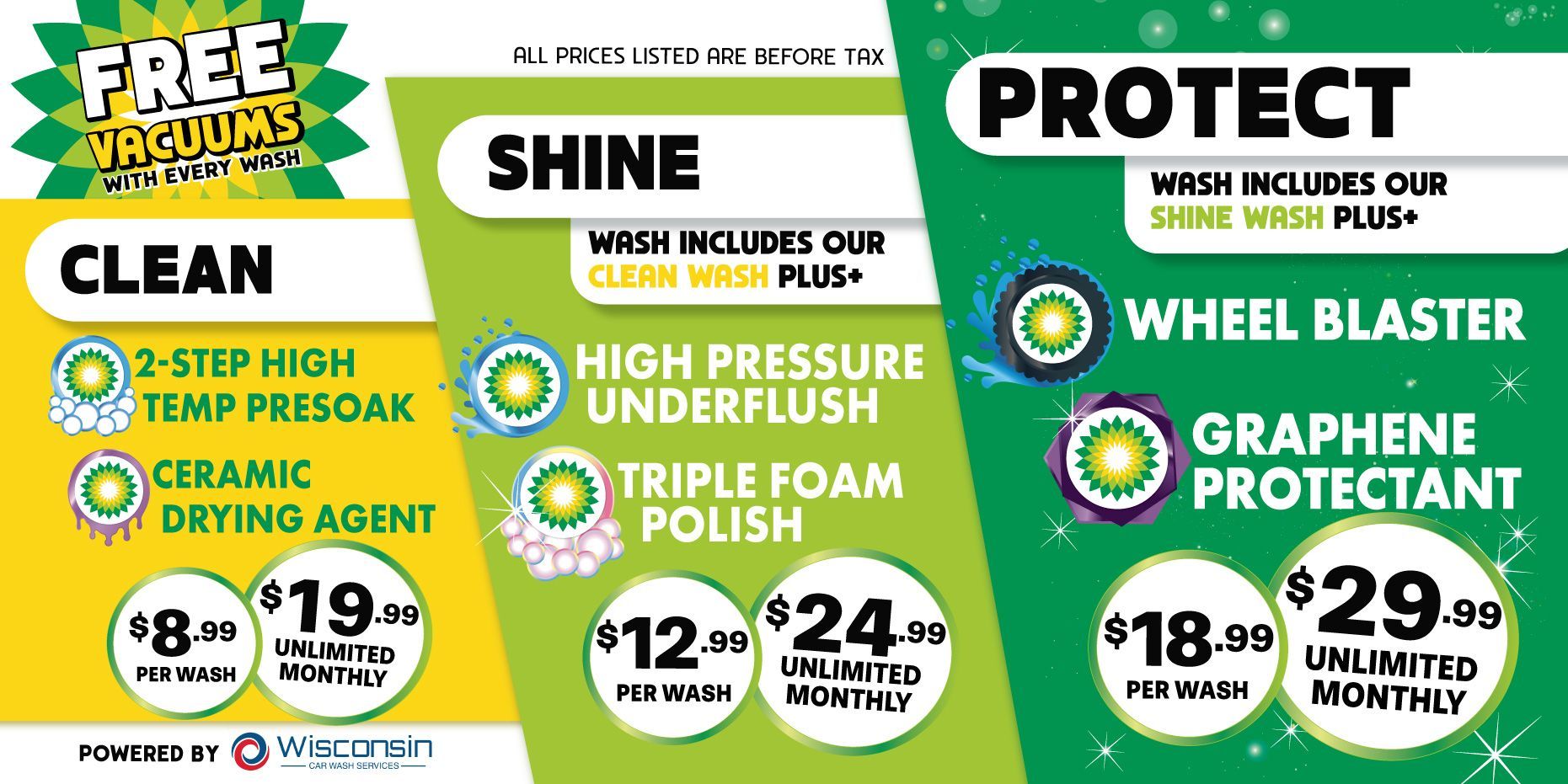 Car wash packages: Clean ($8.99/wash), Shine ($12/wash), and Protect ($18.99/wash); unlimited monthly options.