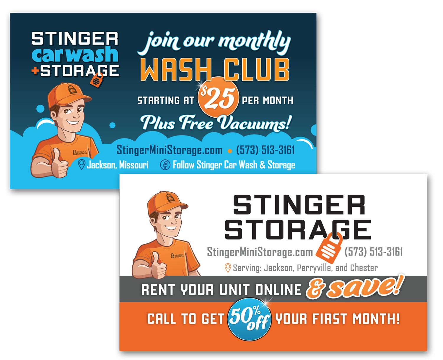 Two promotional cards for Stinger Car Wash & Storage. One for a wash club with a price, the other for storage units.