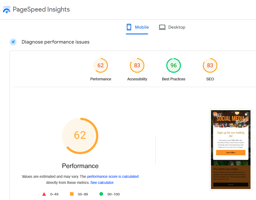 A screenshot of a pagespeed insights page showing a performance score of 62.