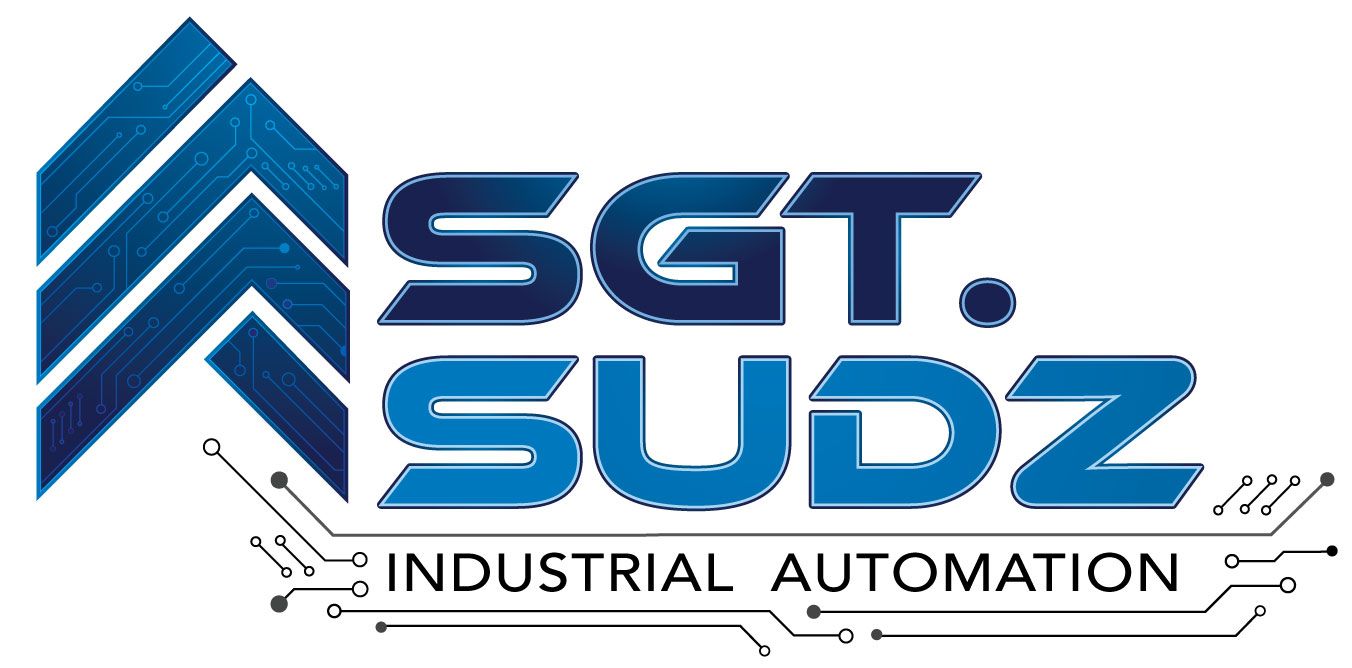 The logo for sgt . sudz industrial automation is blue and white.