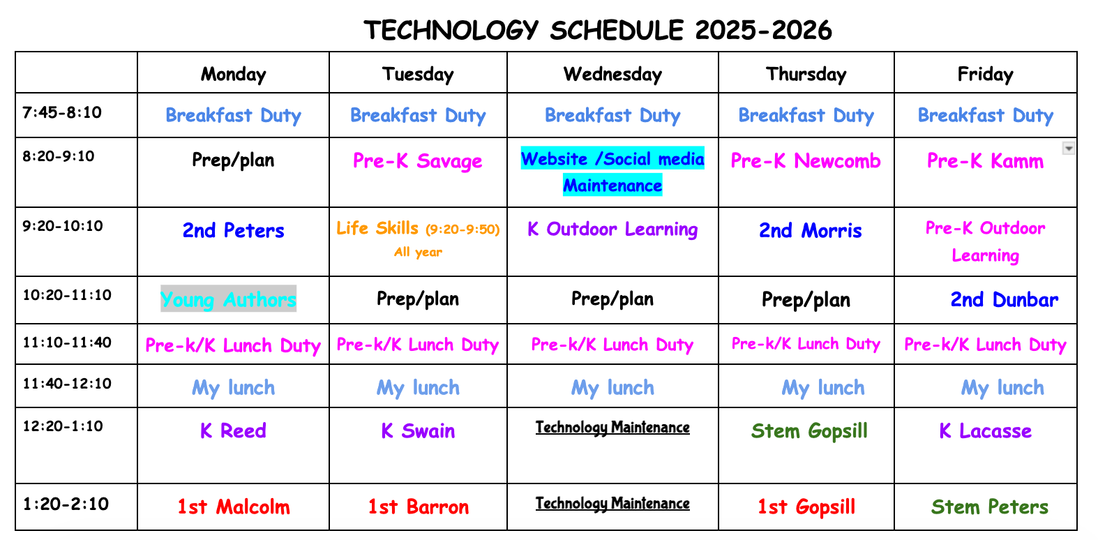 A technology schedule for the school year 2023-2024