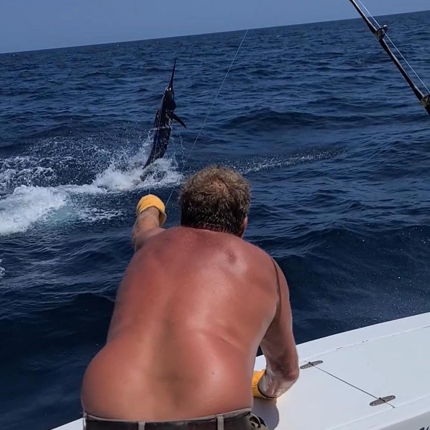 Man fishing, reeling in a marlin that leaps from the blue ocean; boat in the foreground.