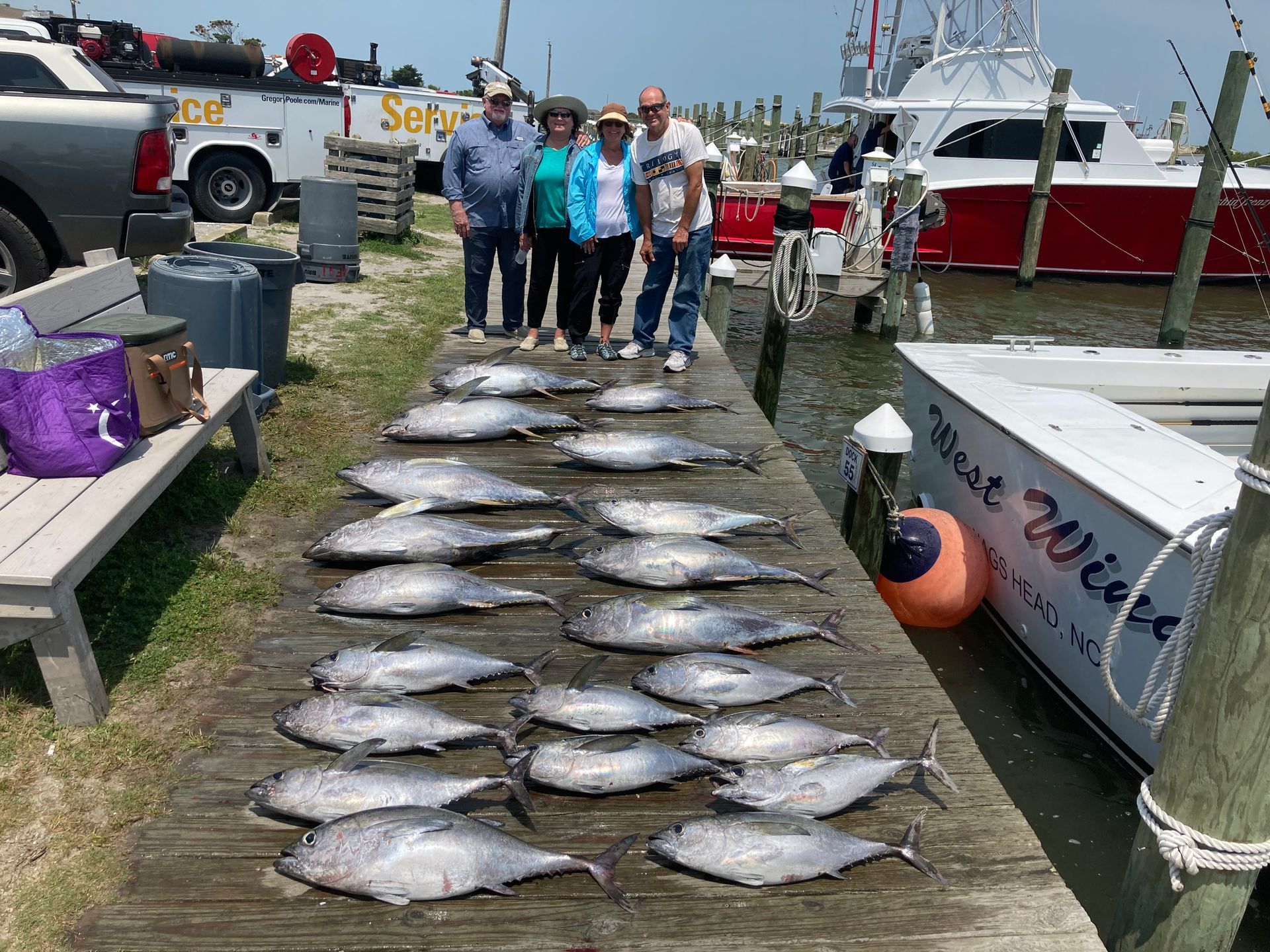 People posing with a large catch of fish on a wooden dock. Boats and vehicles are in the background.