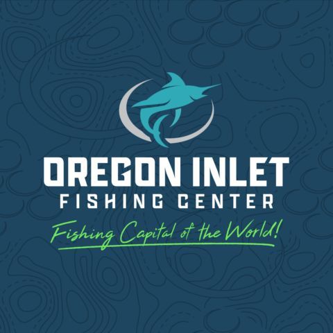 Logo for Oregon Inlet Fishing Center: Marlin leaping over text on a blue topographical map background.
