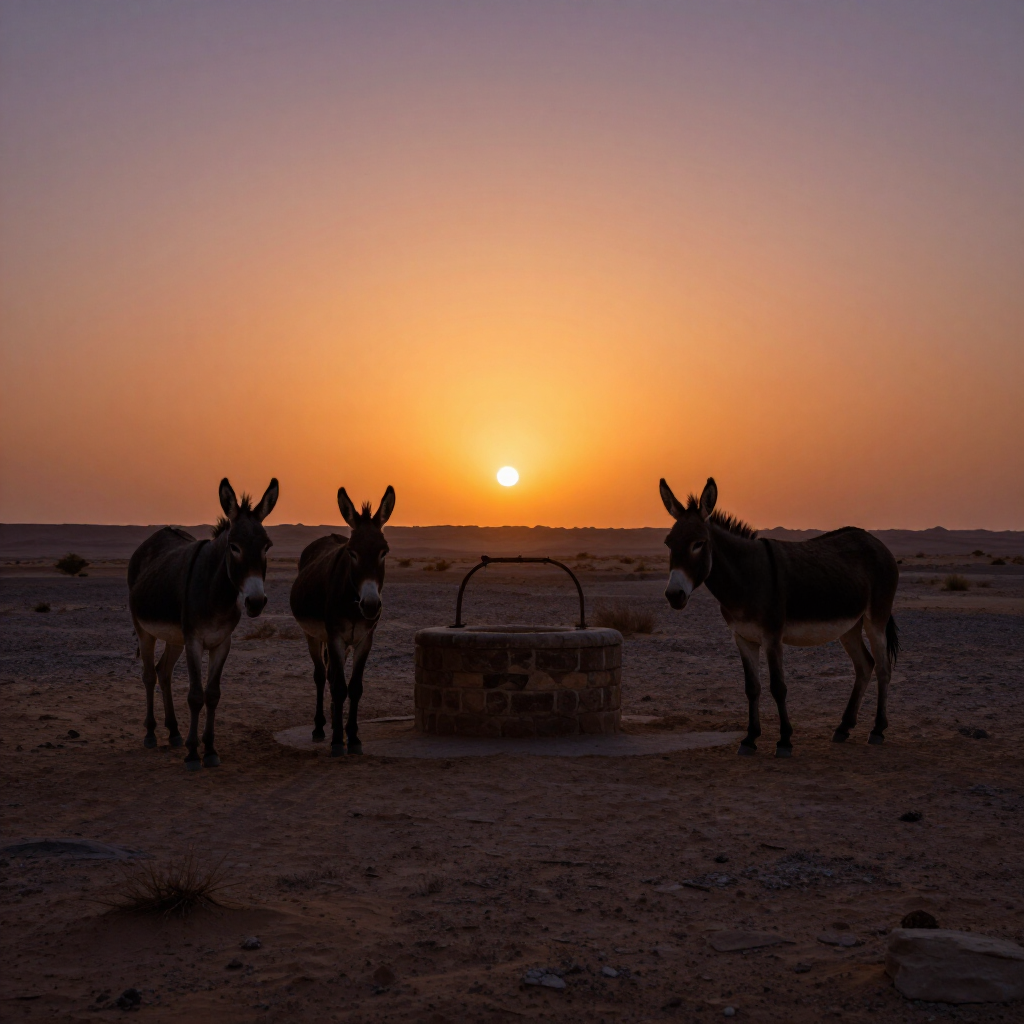 Three donkeys at sunset beside a well in a desert landscape