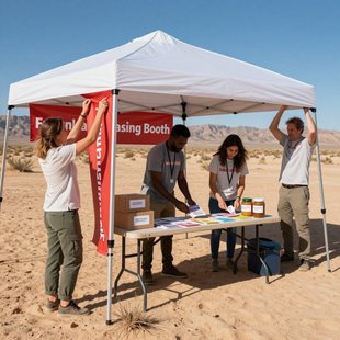 People setting up a white canopy booth in a sunny desert, arranging materials on a table.