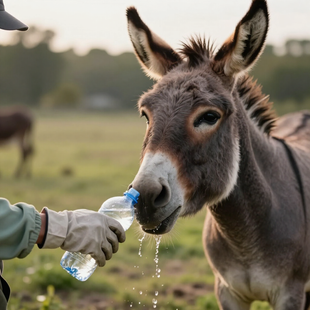 Gray donkey drinking from a plastic bottle held by a gloved hand in a grassy field at sunset