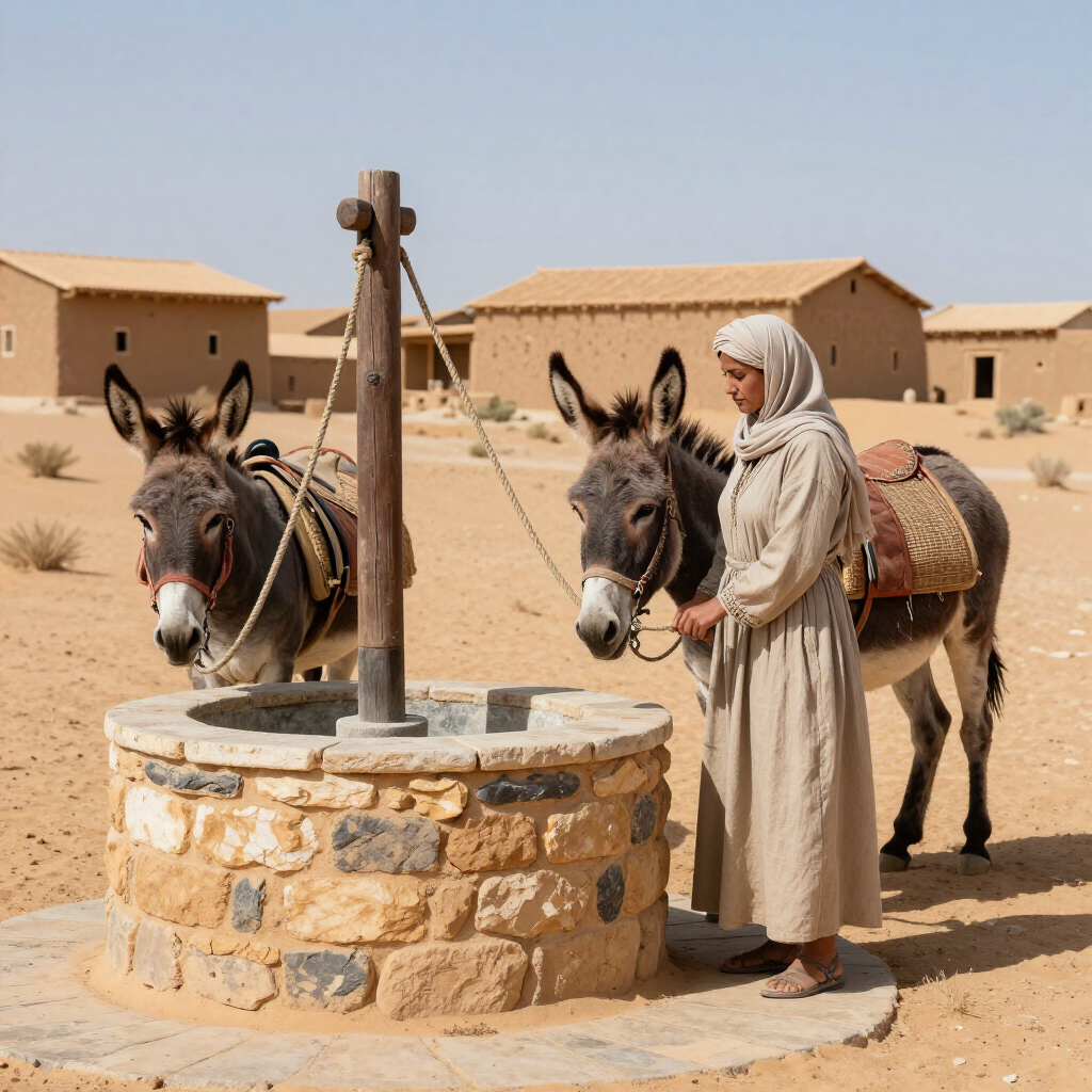 Two donkeys at a desert well, with a person in a beige robe beside them and mud-brick buildings behind.
