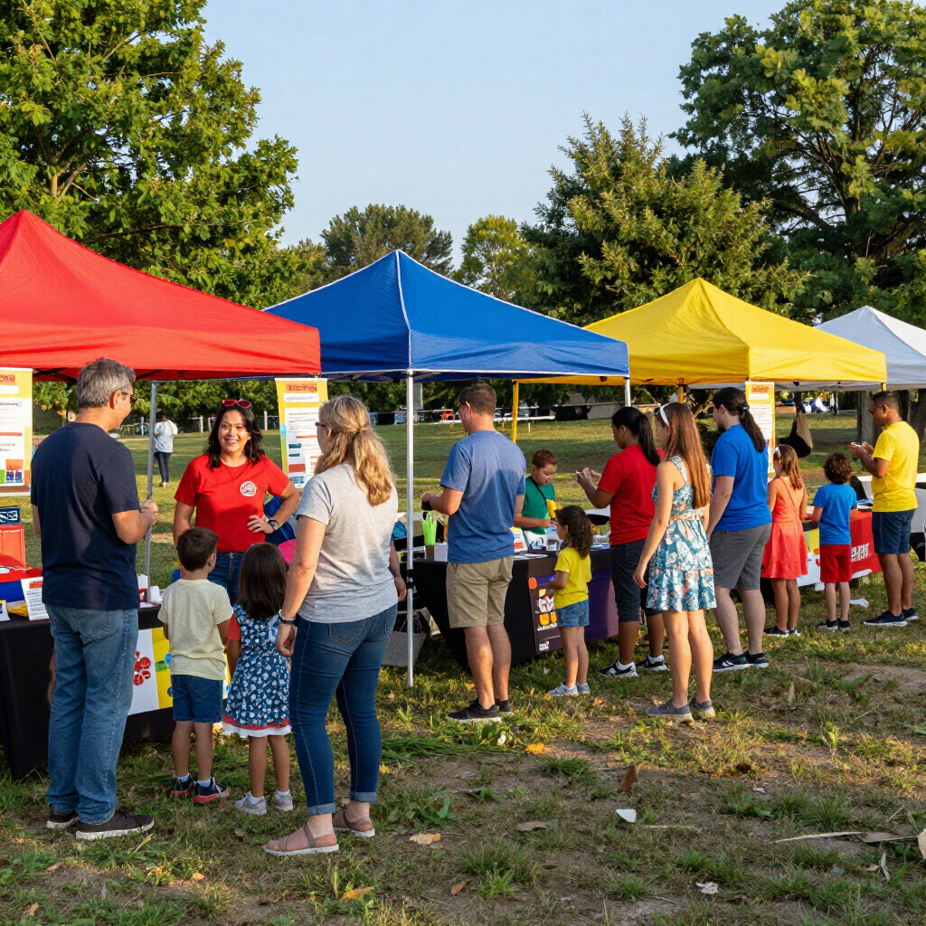 People standing in line at colorful tents at an outdoor community event
