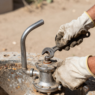 Gloved hands tightening a pipe fitting with a wrench on outdoor metal plumbing equipment