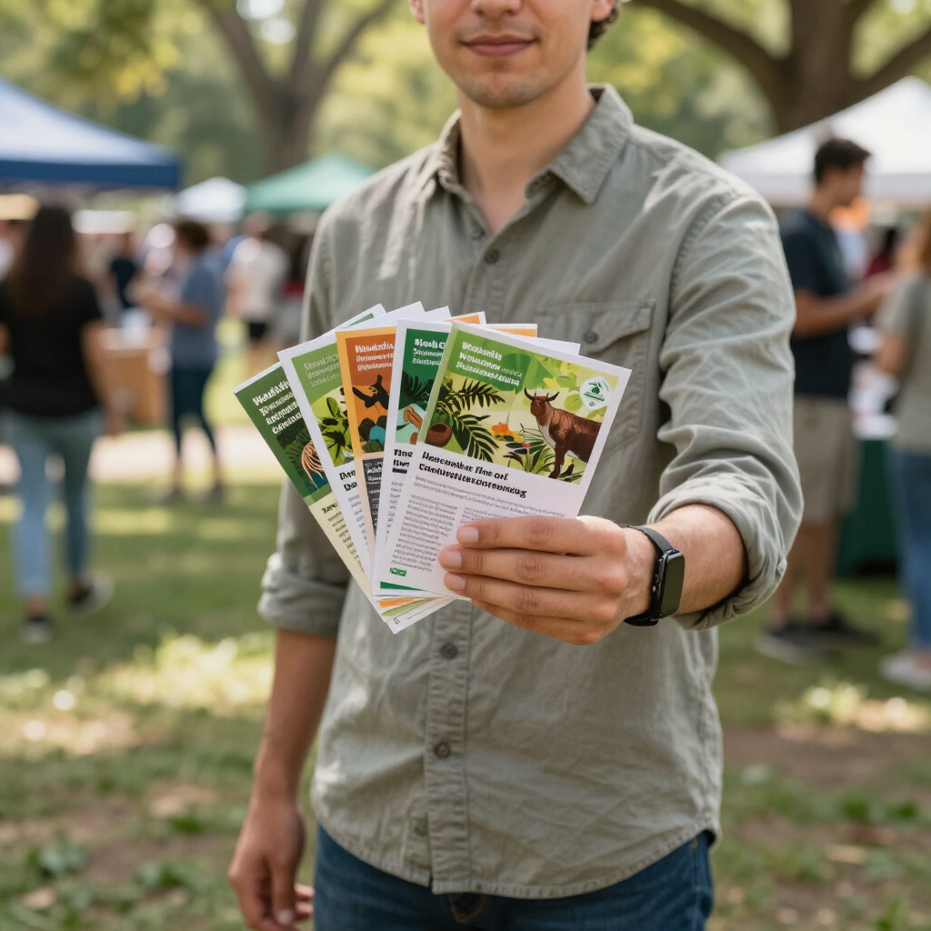 Person holding out several colorful pamphlets at an outdoor event.