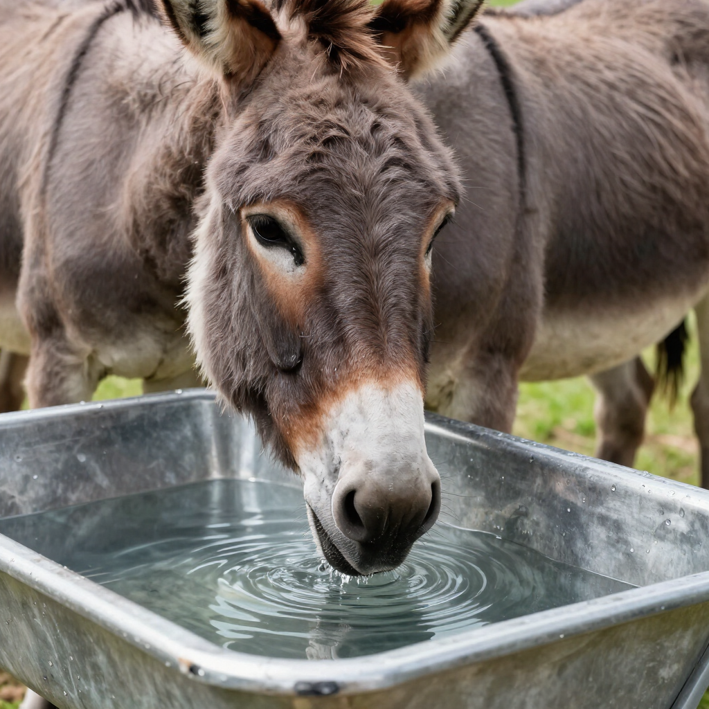 Donkey drinking water from a metal trough outdoors, with ripples on the surface
