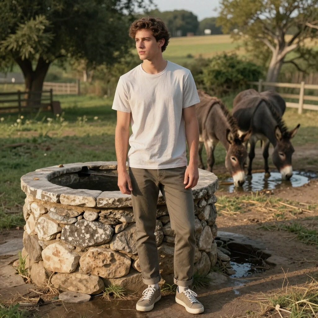 Young man stands by a stone well with two donkeys drinking in a rural field.