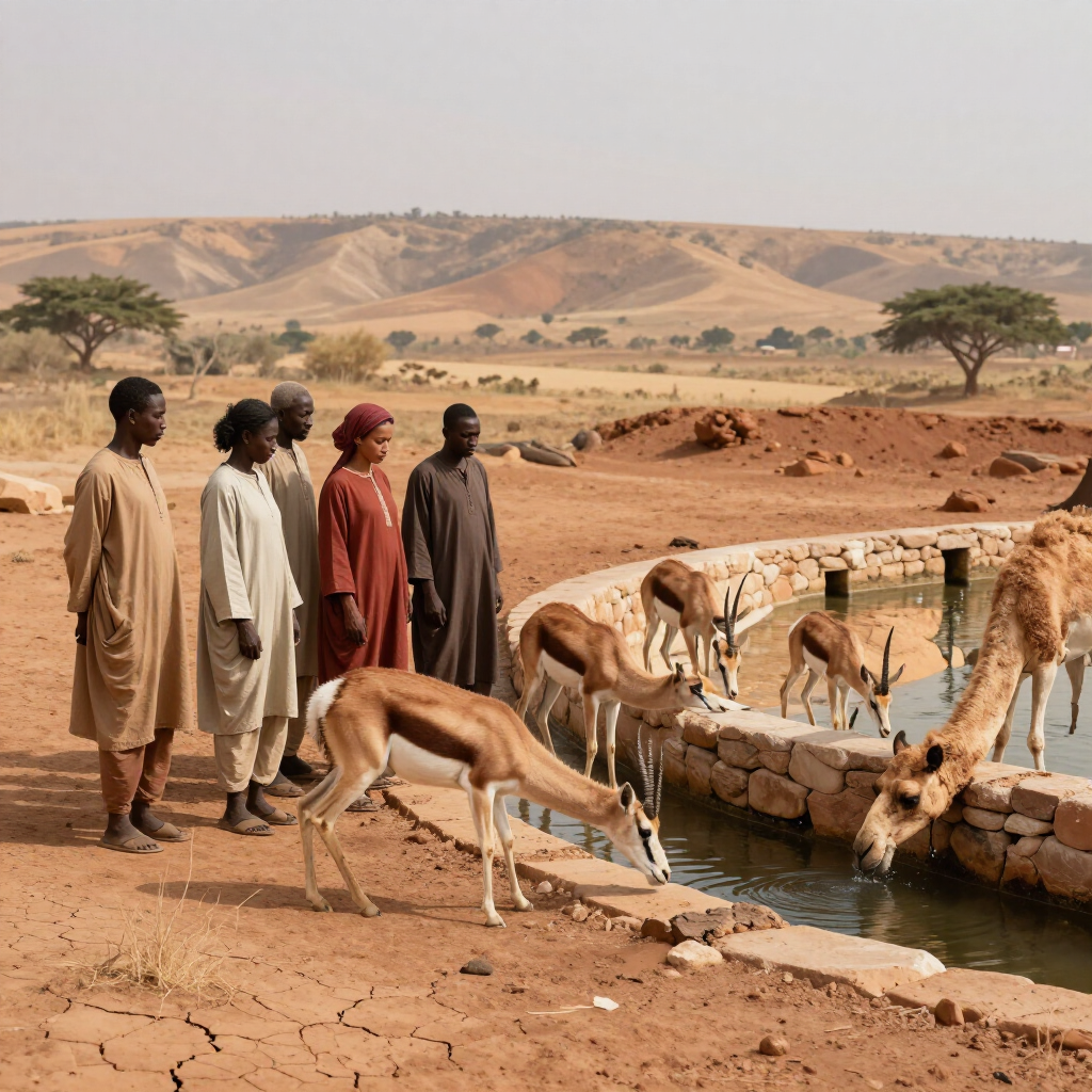 People and antelopes gathered at a desert waterhole with acacia trees and hills in the background