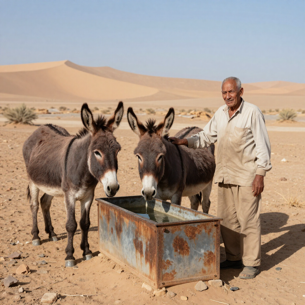 Man standing with two donkeys beside a rusty trough in a sandy desert, with dunes in the background