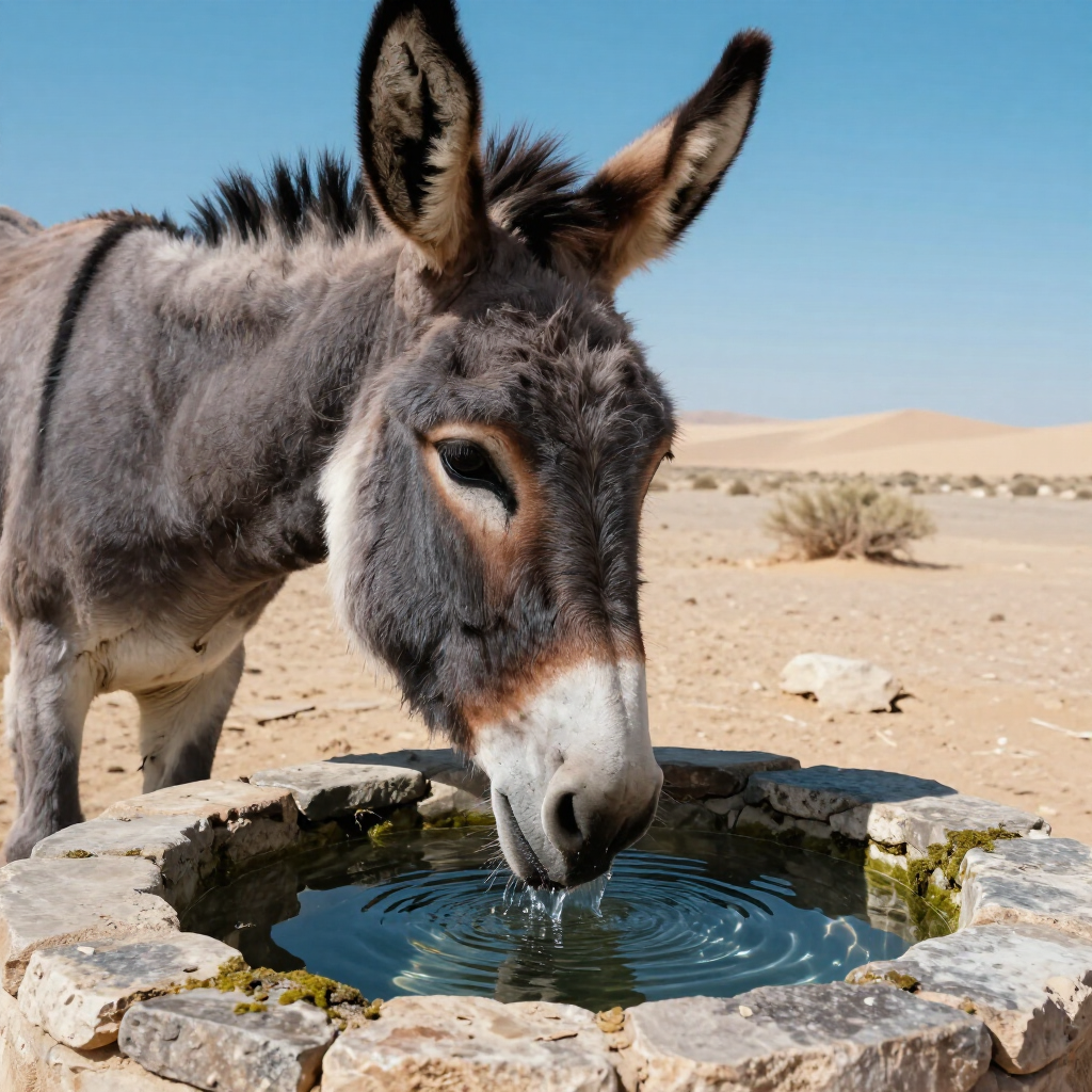 Donkey drinking from a stone water trough in a sandy desert under a clear sky