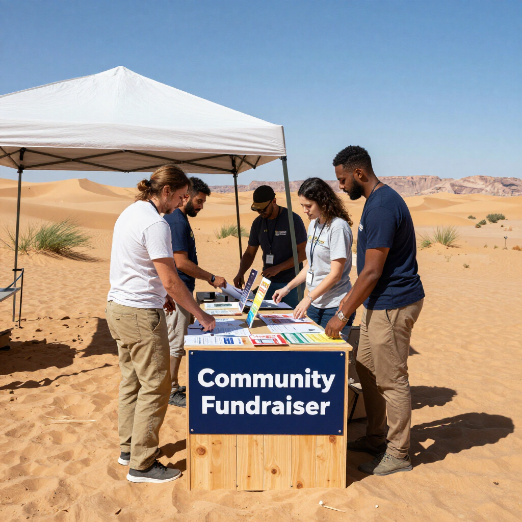 People gathered around a table labeled “Community Fundraiser” in a desert under a white canopy.