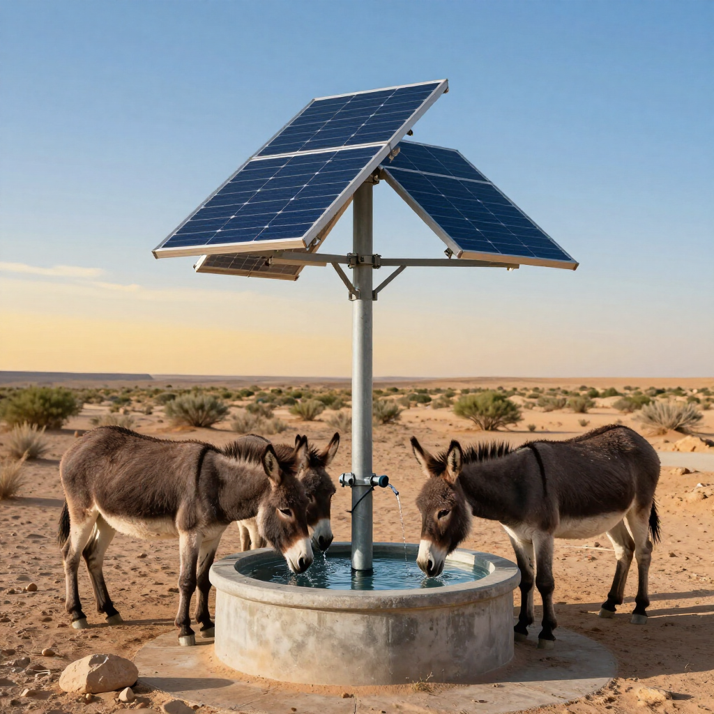 Donkeys drinking from a solar-powered water trough in a desert landscape at sunset