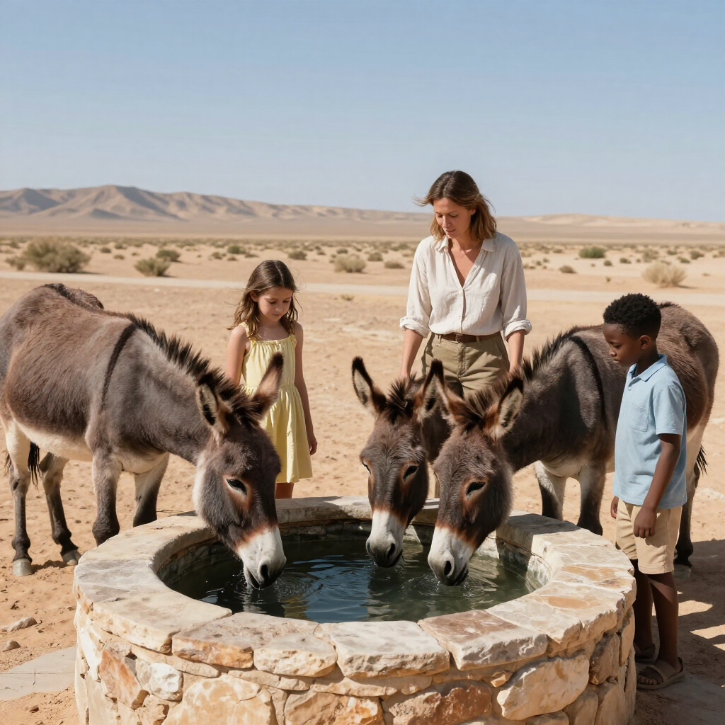 People and donkeys drinking from a stone well in a desert landscape
