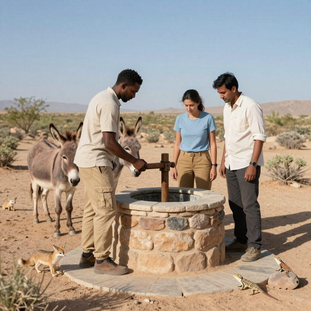 Three people and a donkey at a desert well, with one person turning the hand pump.