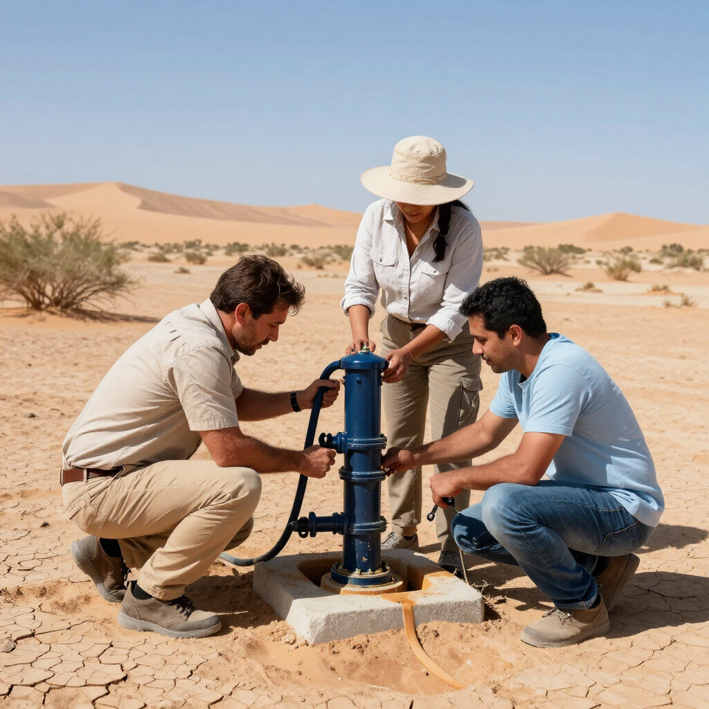Three people operate a blue water pump in a desert, with sand dunes and dry ground around them.