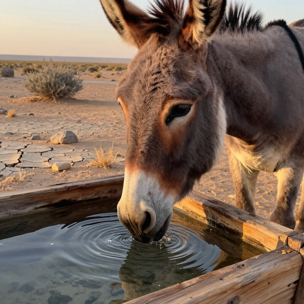 Donkey drinking from a wooden water trough in a dry desert landscape at sunset