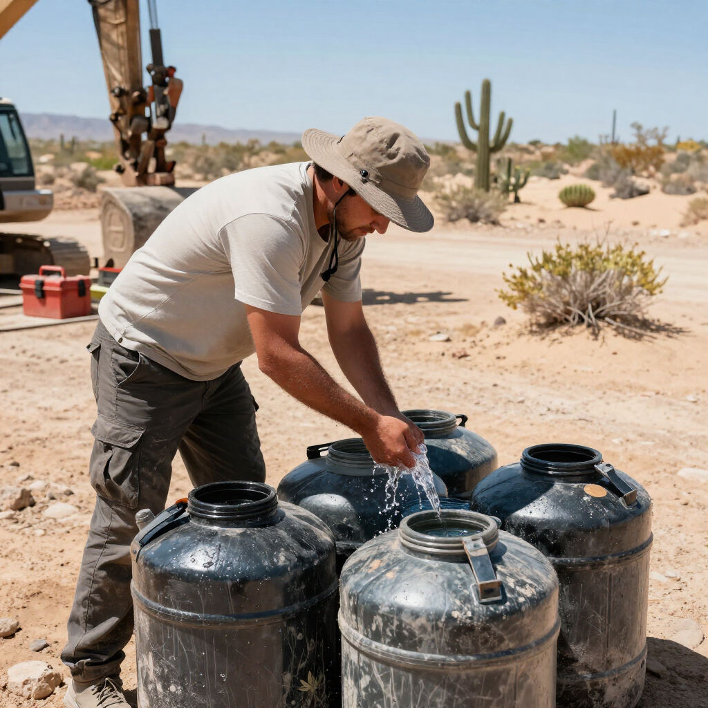 Worker rinsing large black containers outdoors in a desert setting