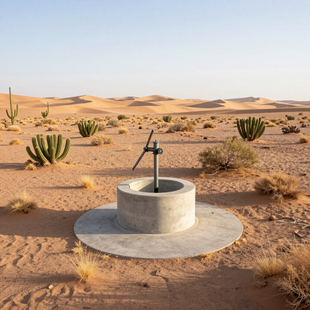 Concrete water well in a sandy desert with sparse shrubs and distant dunes at sunset