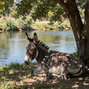 Donkey resting in the shade by a river, with dappled sunlight on its coat.